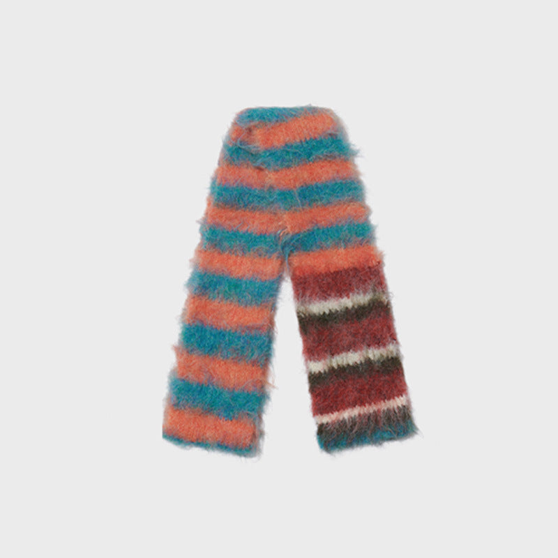 Contrast-color Striped Knit Women's Narrow Soft And Fluffy Wool Scarf