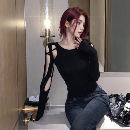 Long-sleeved Off-shoulder Cropped Hollow-out Women's Black T-shirt