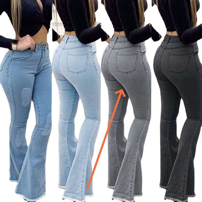 High Waist Bootcut Jeans for Women - Elastic Tassel Denim Trousers