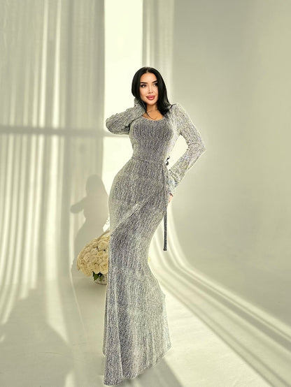 Round Neck Hot Diamond Maxi Dress - Sparkle Embellished Evening Gown for Women