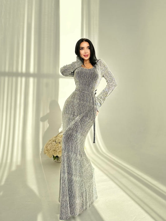 Round Neck Hot Diamond Maxi Dress - Sparkle Embellished Evening Gown for Women