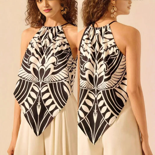 Women's Fashionable And Sexy Lace-up Halterneck Printed Sleeveless Top