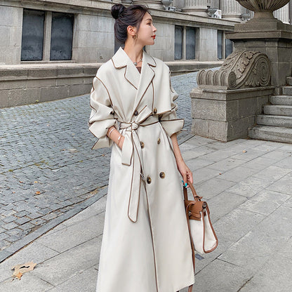 Apricot Double-breasted Thin Windbreaker Women's Mid-length Long-sleeved Coat