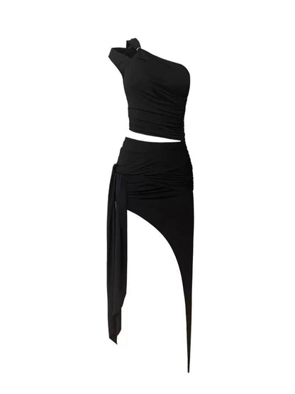 Oblique Shoulder Hollow Irregular Pleated Top Diagonal Strap Skirt Suit