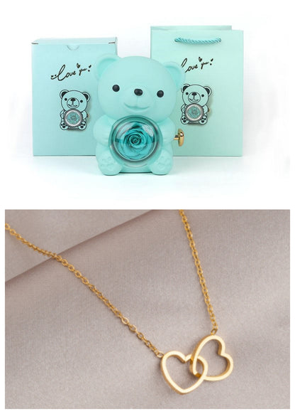 Rotating Bear Gift Box Eternal Rose Teddy Bear Jewelry Box With Necklace Valentine Wedding Special Present For Girlfriend Anniversary Gift Jewelry Box