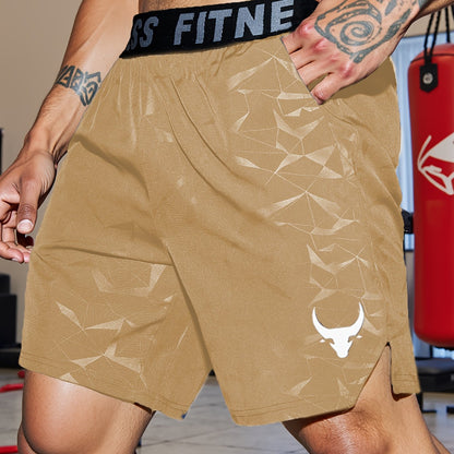 Men's "S's FINE" Athletic Shorts - Gray, Quick-Dry Polyester with Geometric Pattern, Elastic Waistband, Ideal for Running & Workouts, Machine Washable