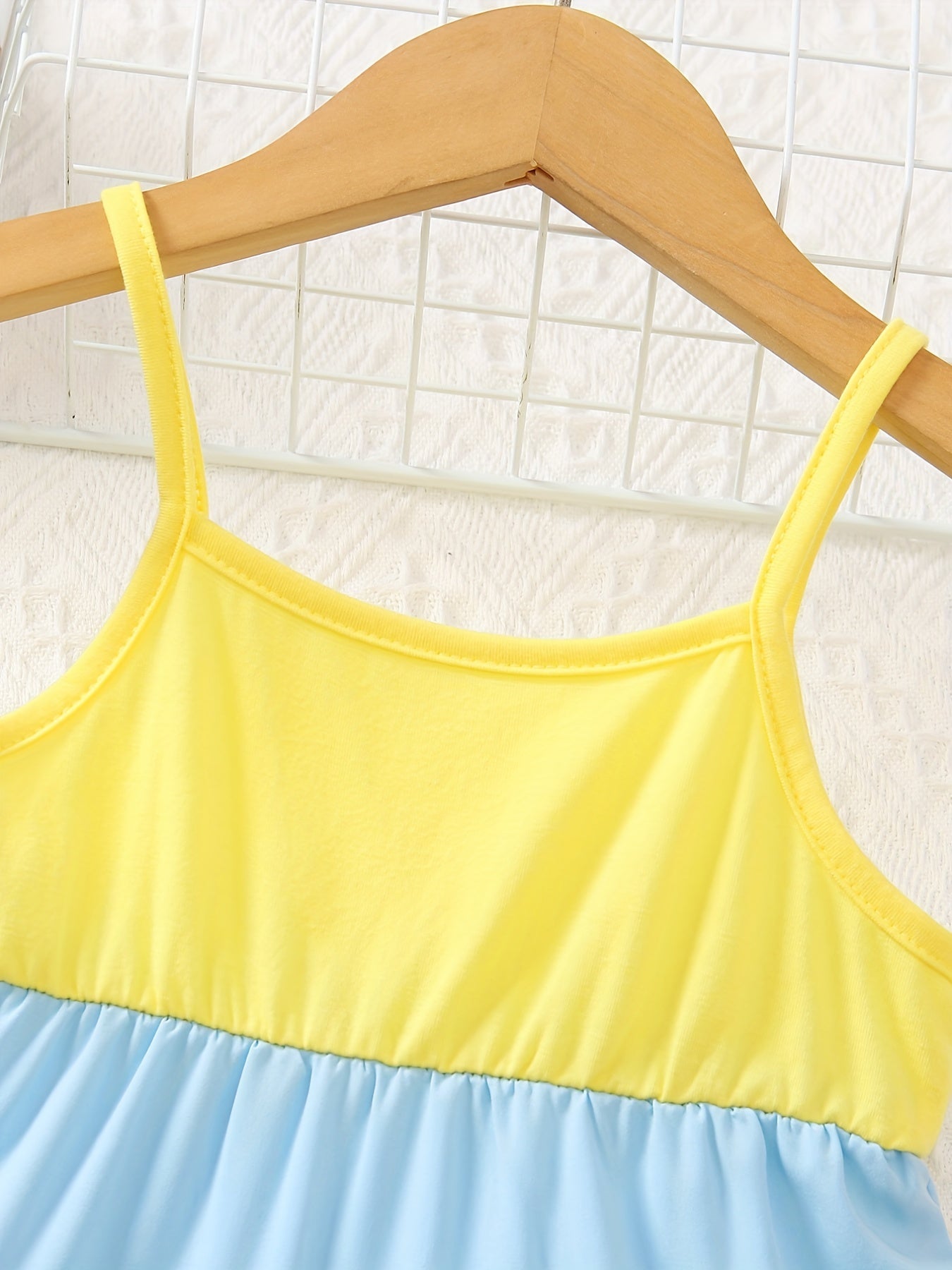 Girls' Spaghetti Strap Color-Blocked Rainbow Cake Dress - Perfect for Outdoor Occasions.