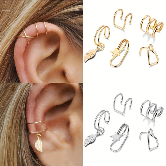 Set Of 7 Trendy Golden Leaf Tassel Earrings With C-shaped Geometric Star Ear Clips