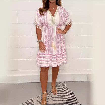 Spring And Summer New Short Sleeve V-neck Mid-length Printed Dress Women