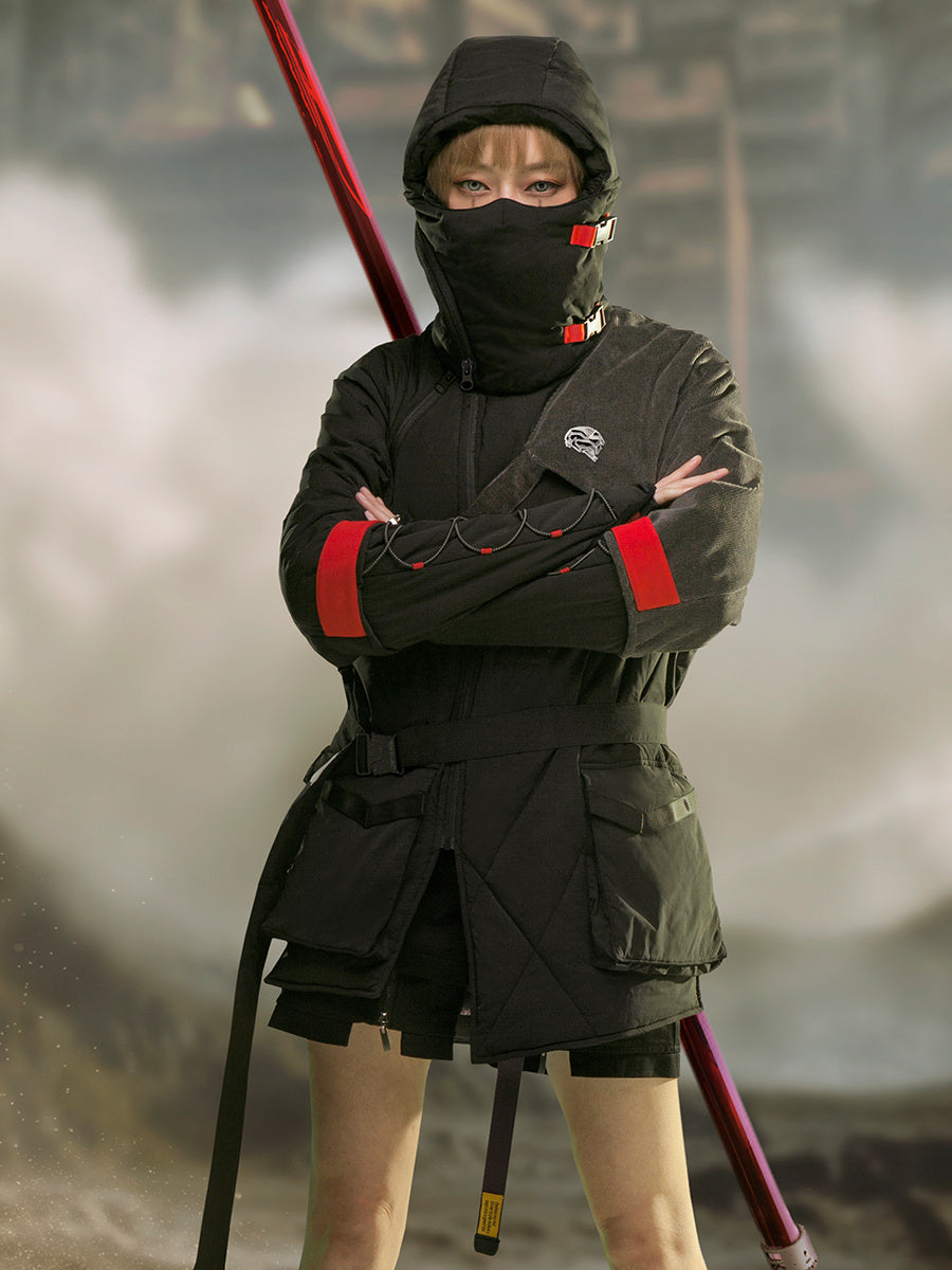 Mid-length Black Hooded Cotton Coat