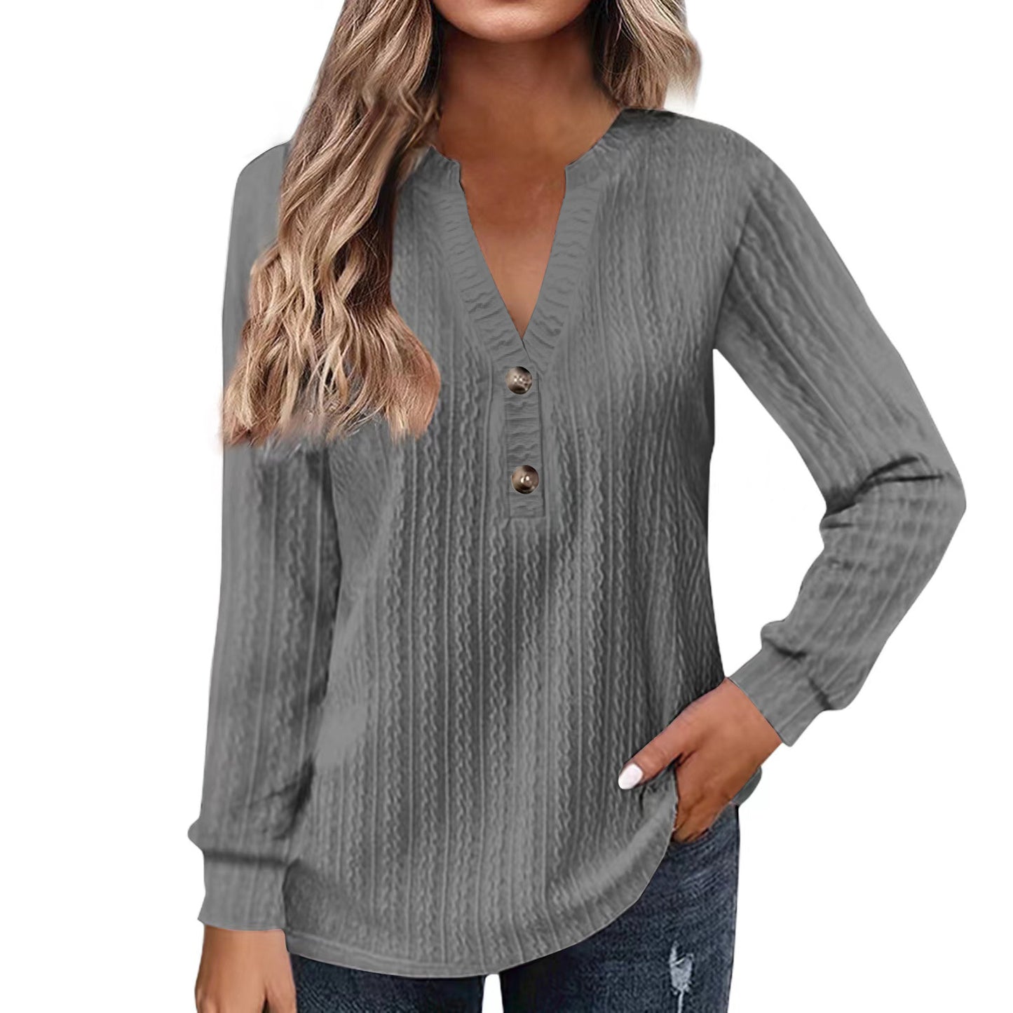 Women's Solid-color Long-sleeve V-neck Button T-shirt Top