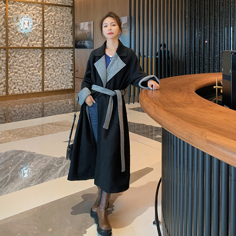 New Loose Mid-length Contrast Stitching Woolen Coat