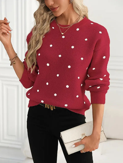 Fashion Round Neck Long Sleeve Pullover Sweater Polka Dot Print Knitwear
