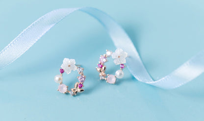 Diamond flower pearl earrings