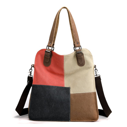 Women's Fashion Retro Patchwork Large Capacity Canvas Bag