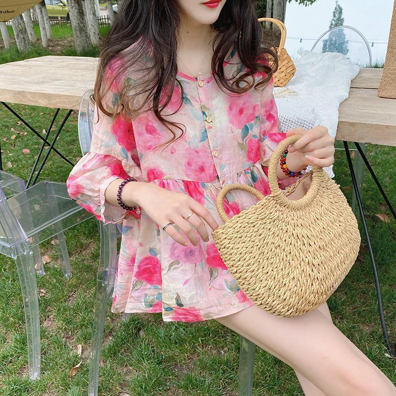Doll-collar Top Summer New Arrival Loose-fit Vintage Puff-sleeve Blouse