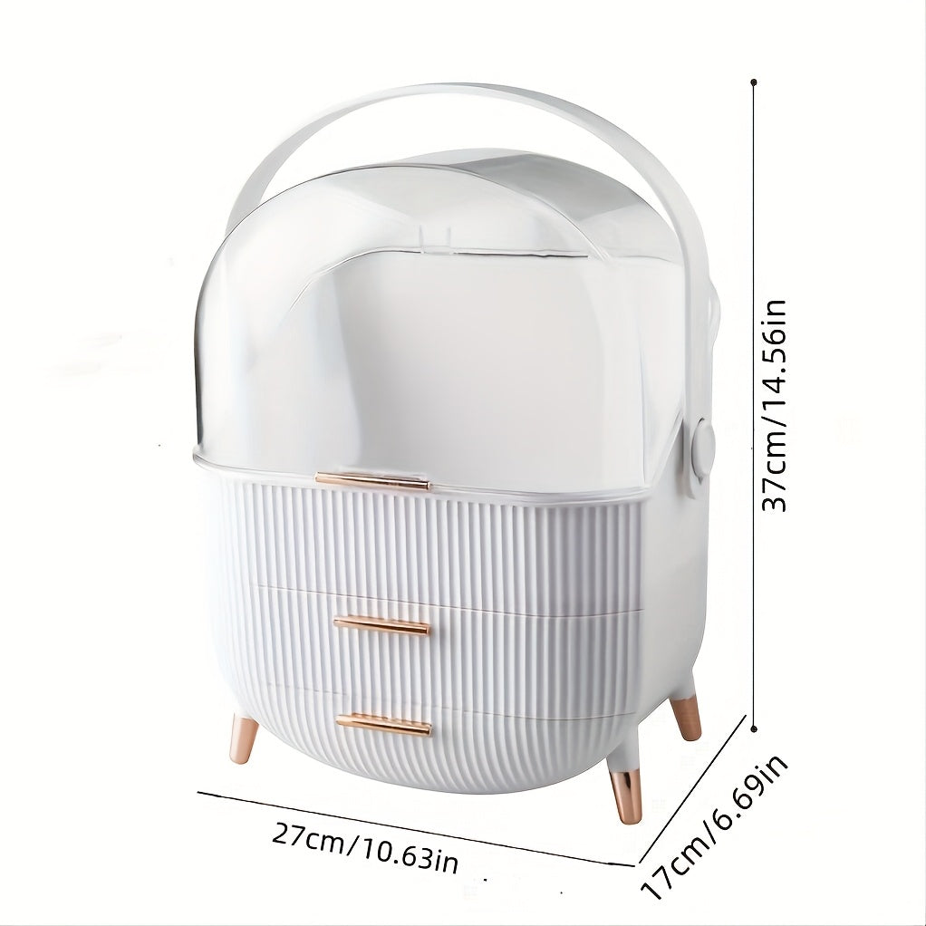 1pc Plastic Cosmetic Storage Box, Lightweight, Tension Mount, Multi-functional with Cover & Drawer, Waterproof & Dust-proof, for Bathroom & Desktop Makeup Organizer