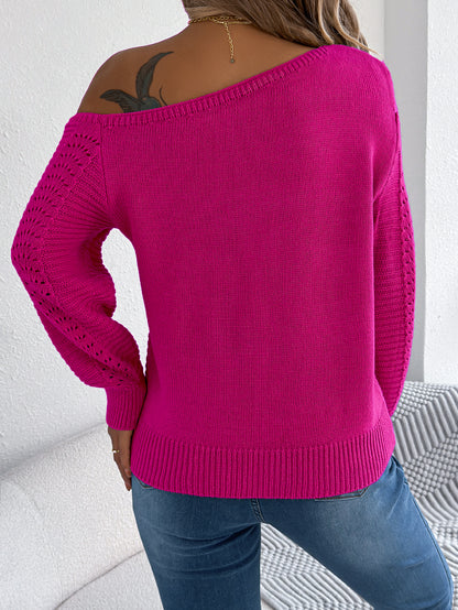 Women Casual Solid Color Hollow Out Off-Shoulder Long Sleeve Pullover Sweater
