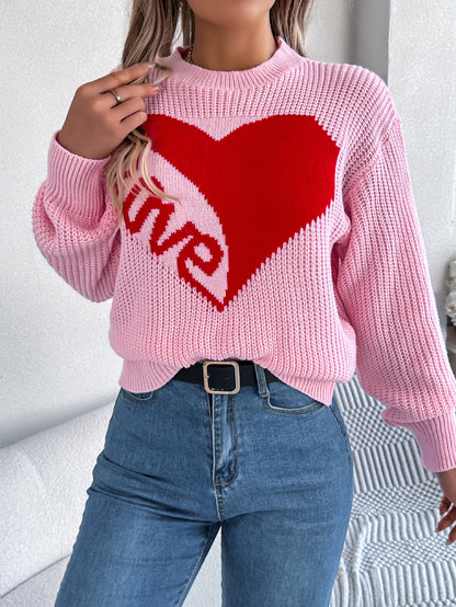 Women Casual Color Block Heart LOVE Long Sleeve Pullover Sweater