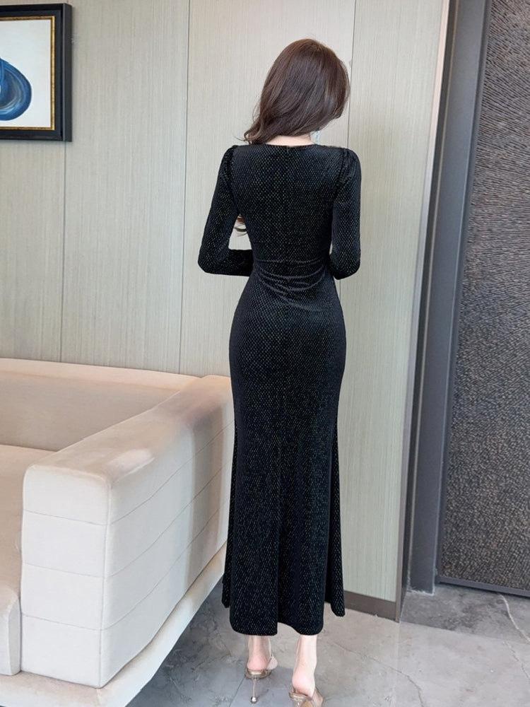 Fashionable And Sexy V-neck Gold Velvet Patchwork High-end Split Dress