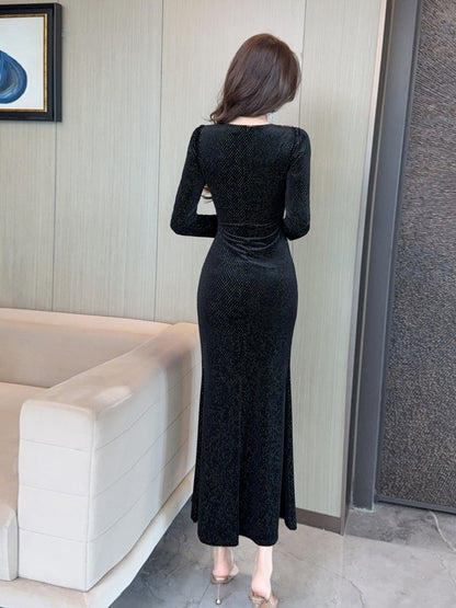 Fashionable And Sexy V-neck Gold Velvet Patchwork High-end Split Dress