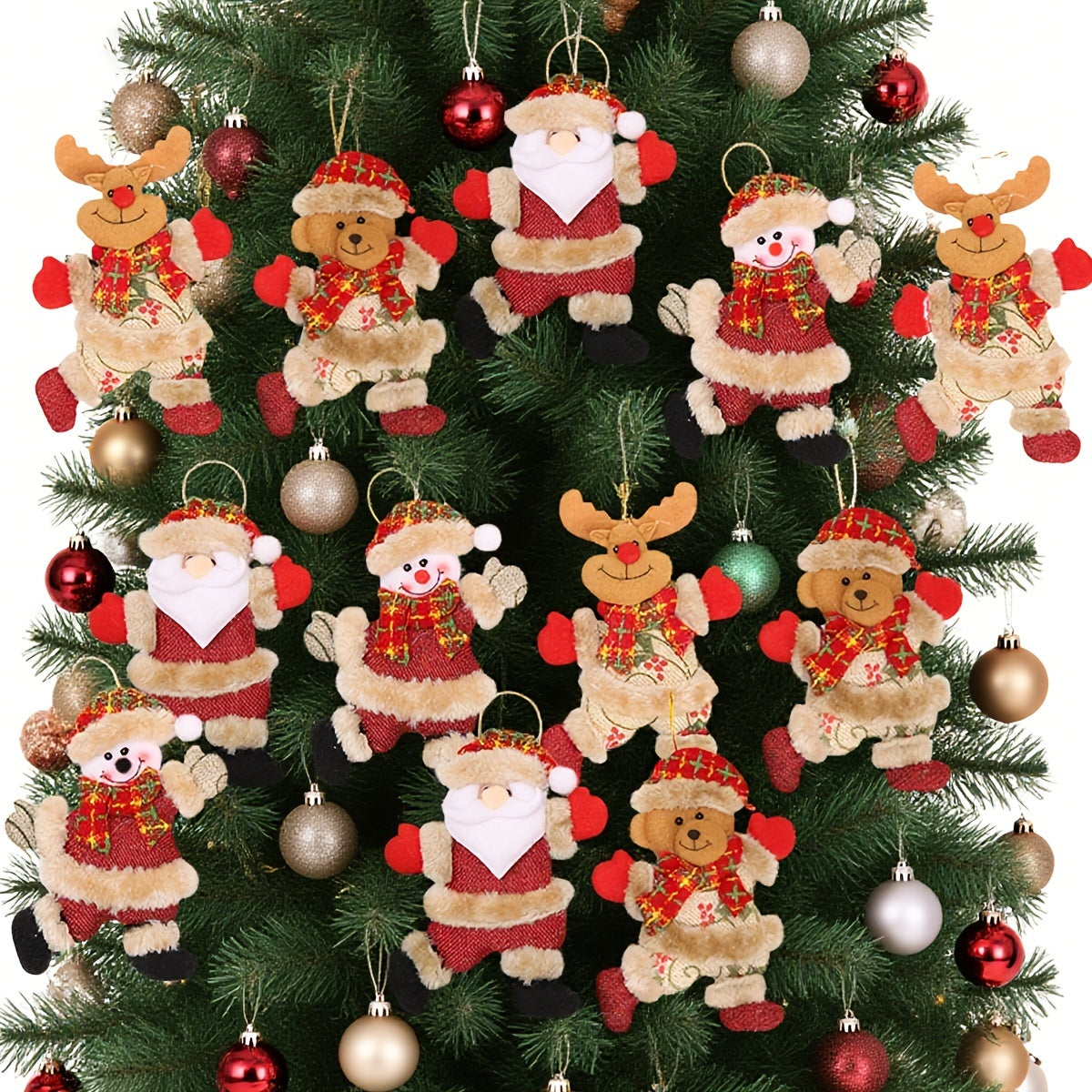 Festive Christmas Tree Ornaments - Santa, Snowman, Reindeer & Bear Figures With Red & White Scarves, Golden Balls & Red Bows - Perfect For Holiday Decor, Christmas Decorations