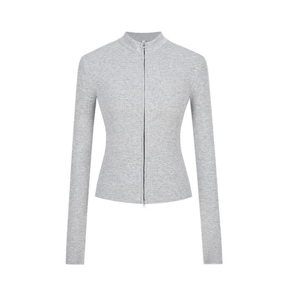 Stand-up Collar Slim-fit Waist-cinching Cardigan Top