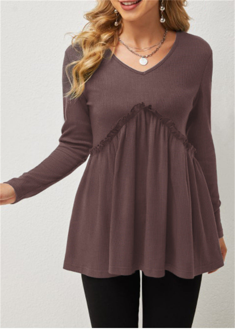 Loose-fit Ruffled Pleated V-neck T-shirt For Women