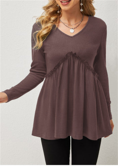 Loose-fit Ruffled Pleated V-neck T-shirt For Women