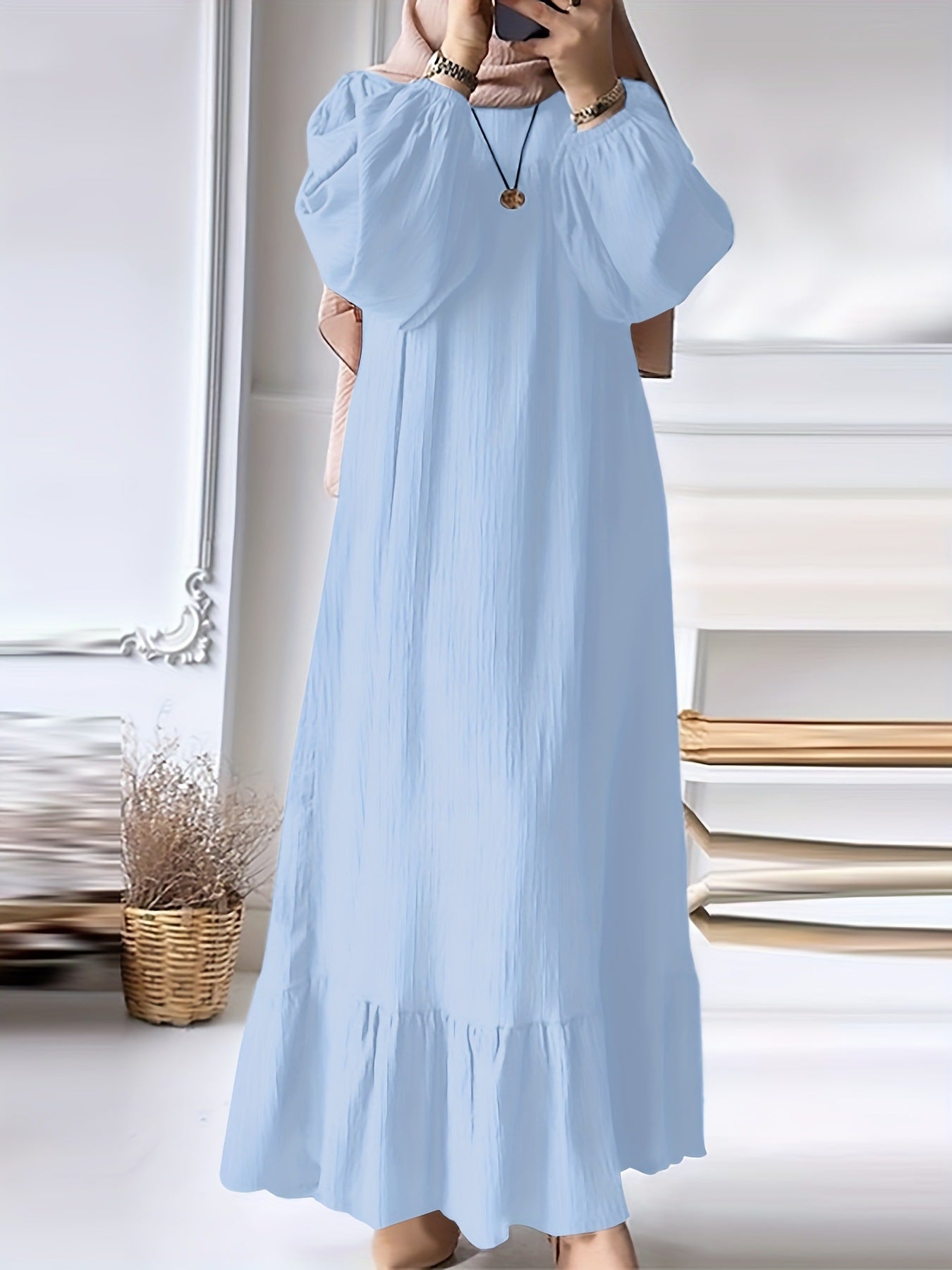 Fashion Solid Color Round Neck Ruffled Long Sleeve Dress