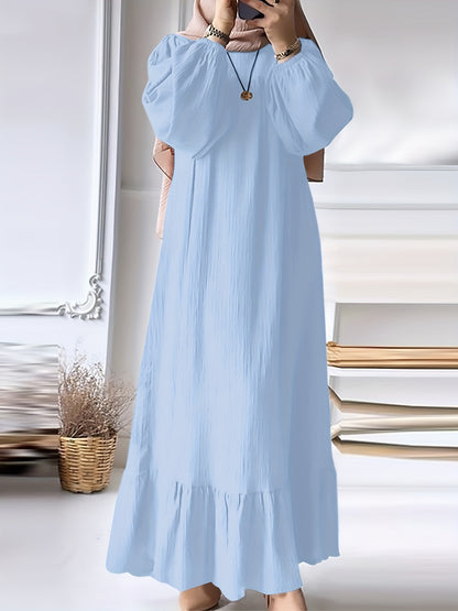 Fashion Solid Color Round Neck Ruffled Long Sleeve Dress