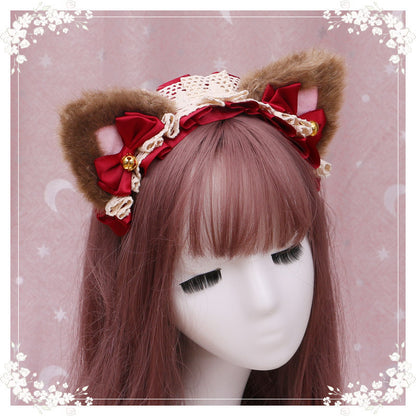 A lovely japanese Lolita hairdress, Catwoman Plush Lolita headdress, lace cat ear hair band