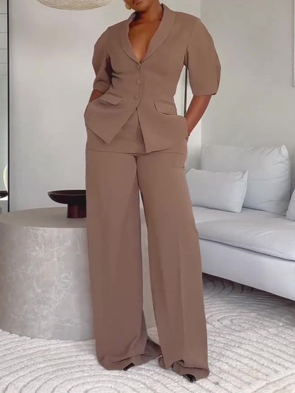 Brown Short-sleeved Blazer & High-waisted Pants Suit
