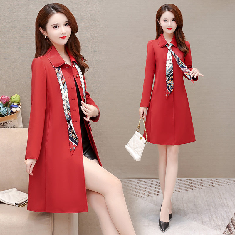 Women's Mid Length Scarf Collar Trench Coat