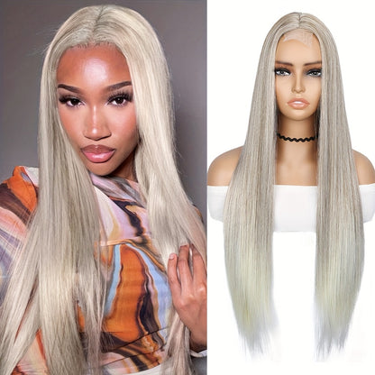 Elegant 26-Inch Black to Blonde Gradient Lace Front Wig - Long Straight Synthetic Hair with Natural Look, Heat Resistant, Ideal for Daily Wear & Cosplay