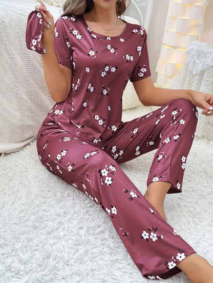 Women's Floral Print Pajama Set - Comfortable Short Sleeve Tee Top and Pants for Sleep and Lounging