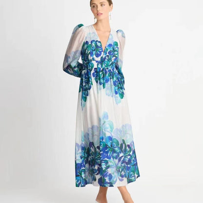 Women's Fashionable Printed V-Neck Long Dress With Puff Sleeves