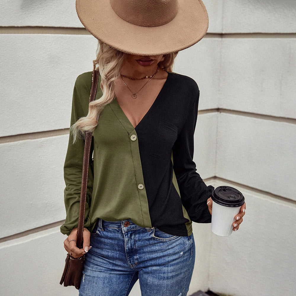 Loose Casual Pocket Patchwork Contrast Color Long Sleeve Women's T-shirt