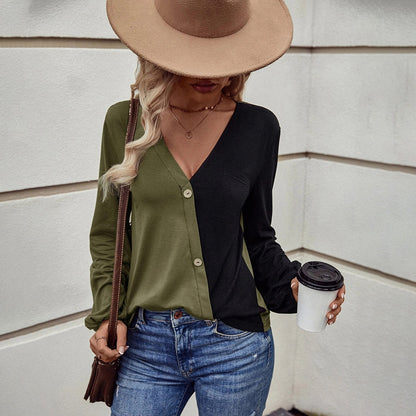 Loose Casual Pocket Patchwork Contrast Color Long Sleeve Women's T-shirt