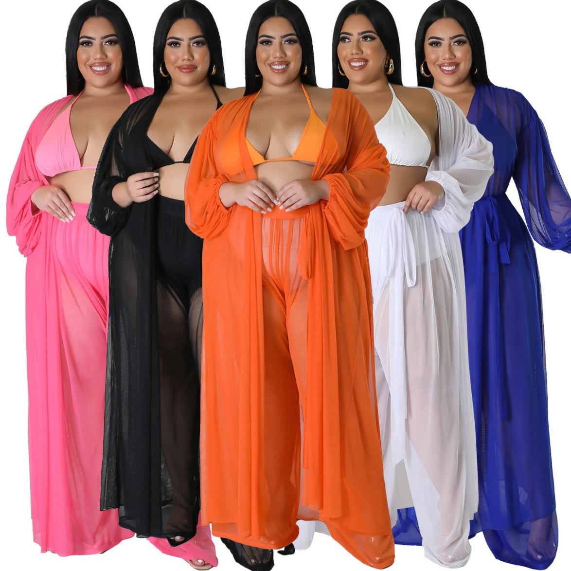 Women's Solid-Color Batwing-Sleeve Sexy Sheer Top And Pants Plus-Size Two-Piece Set