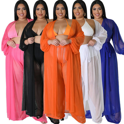Women's Solid-Color Batwing-Sleeve Sexy Sheer Top And Pants Plus-Size Two-Piece Set