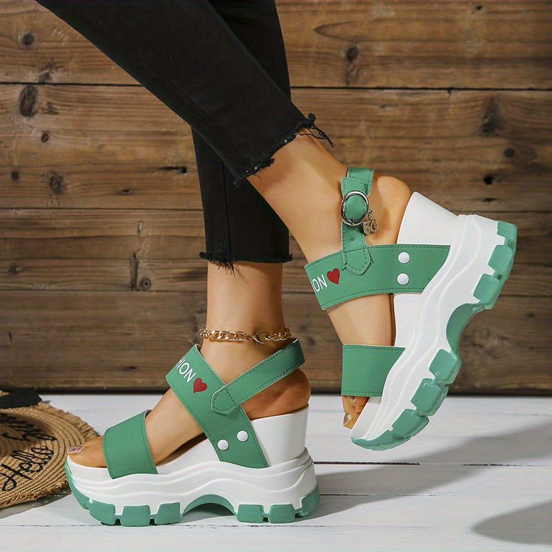 Women's Platform Wedge Sandals - Open Toe Ankle Strap Heels with Metal Buckle