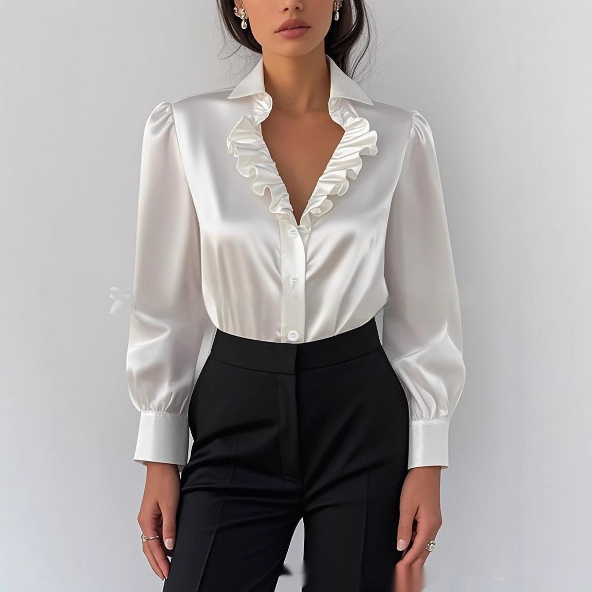 Minimalist Chic And Stylish French-inspired White Lace Long-sleeve Blouse For The Modern Lady