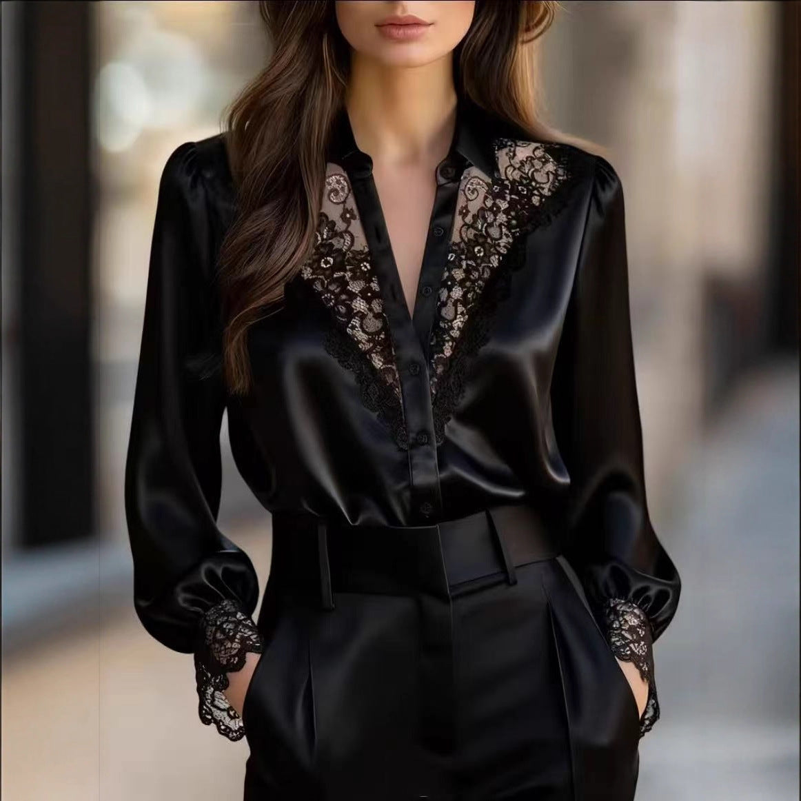 Women's Solid-Color Niche Lace V-Neck Puff-Sleeve Shirt