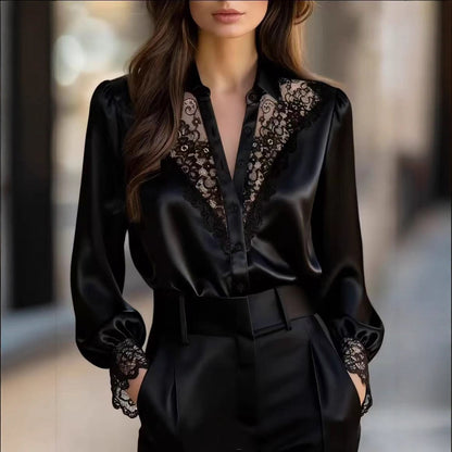 Women's Solid-Color Niche Lace V-Neck Puff-Sleeve Shirt