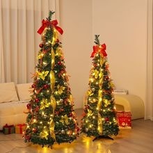 Foldable Telescopic Floor-Standing Green Velvet Christmas Tree With Warm Lights For Holiday Decorations