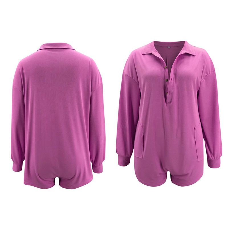 Long Sleeve Solid Color Pocket Jumpsuit Casual Home Wear