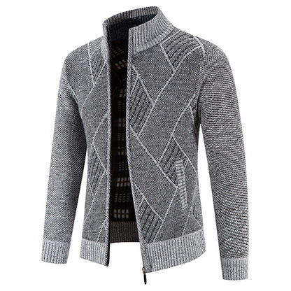 Mens Diamond Plaid Cardigan - Stylish Casual with Refined Stand Collar - Luxuriously Plush & Cozy Warm Knit Zip Up - Eye-Catching Design