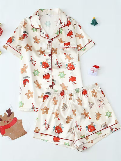 Cute Cartoon Pajama Set With A Turn-down Collar Short Sleeves