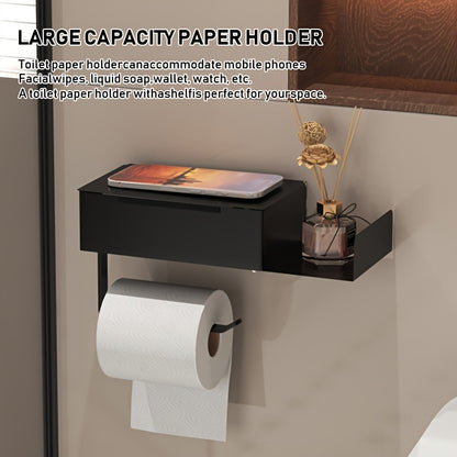 1pc Wrought Iron Bathroom Tissue Holder with Shelf - Self-Adhesive Wall Mounted Toilet Paper Roll Dispenser, Non-Drilling Installation, Multi-Functional Storage for Wet Wipes and Phone, Home Decor